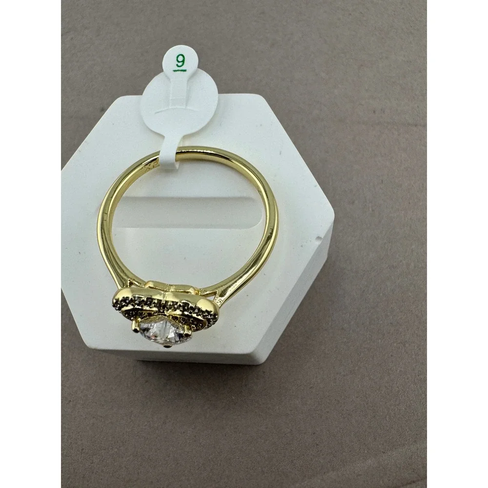 Gold Tone Heart Shaped Double Halo Cubic Zirconia Ring Size 9